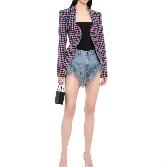 🎉New Denim High Rise Tassel Shorts With Ostrich Gray Feather Trim - Picture 7 of 13